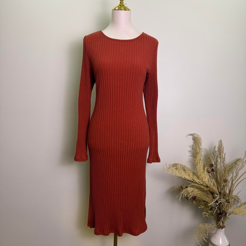 DIP XL Rust Orange Organic Cotton Ribbed Long Sleeve Sweater Dress